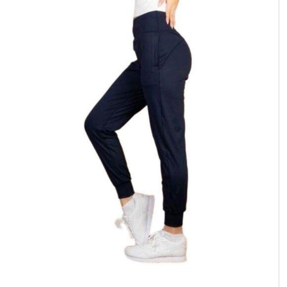 Women's High Waisted Wide Waistband Joggers. Navy. Stretchy. - Picture 2 of 10